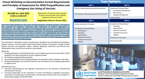 Flyer: Virtual Workshop on Documentation Format Requirements and Principles of Assessment for WHO Prequalification and Emergency Use Listing of Vaccines