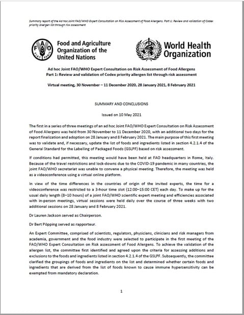 Ad hoc Joint FAO/WHO Expert Consultation on Risk Assessment of Food Allergens Part 1: Review and establish exemptions for the food allergens