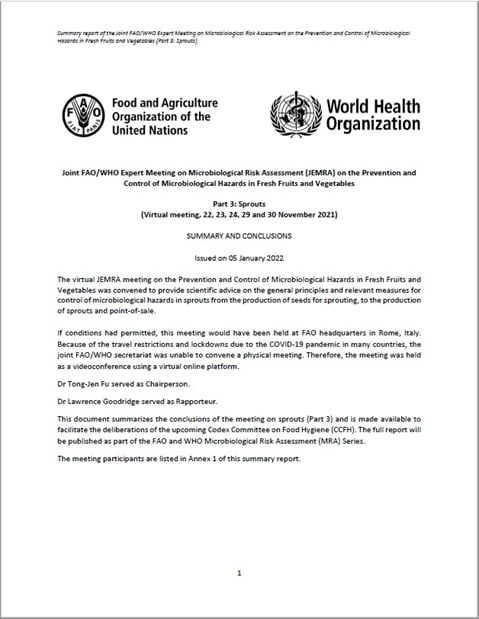 Joint FAO/WHO Expert Meeting on Microbiological Risk Assessment on the Prevention and Control of Microbiological Hazards in Fresh Fruits and Vegetables - Part 3: Sprouts