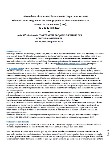Résumé des résultats de l’évaluation de l’aspartame lors de la Réunion 134 du Programme des Monographies du Centre international de Recherche sur le Cancer (CIRC) et de la 96e réunion du Comité Mixte FAO/OMS d’Experts des Additifs Alimentaires